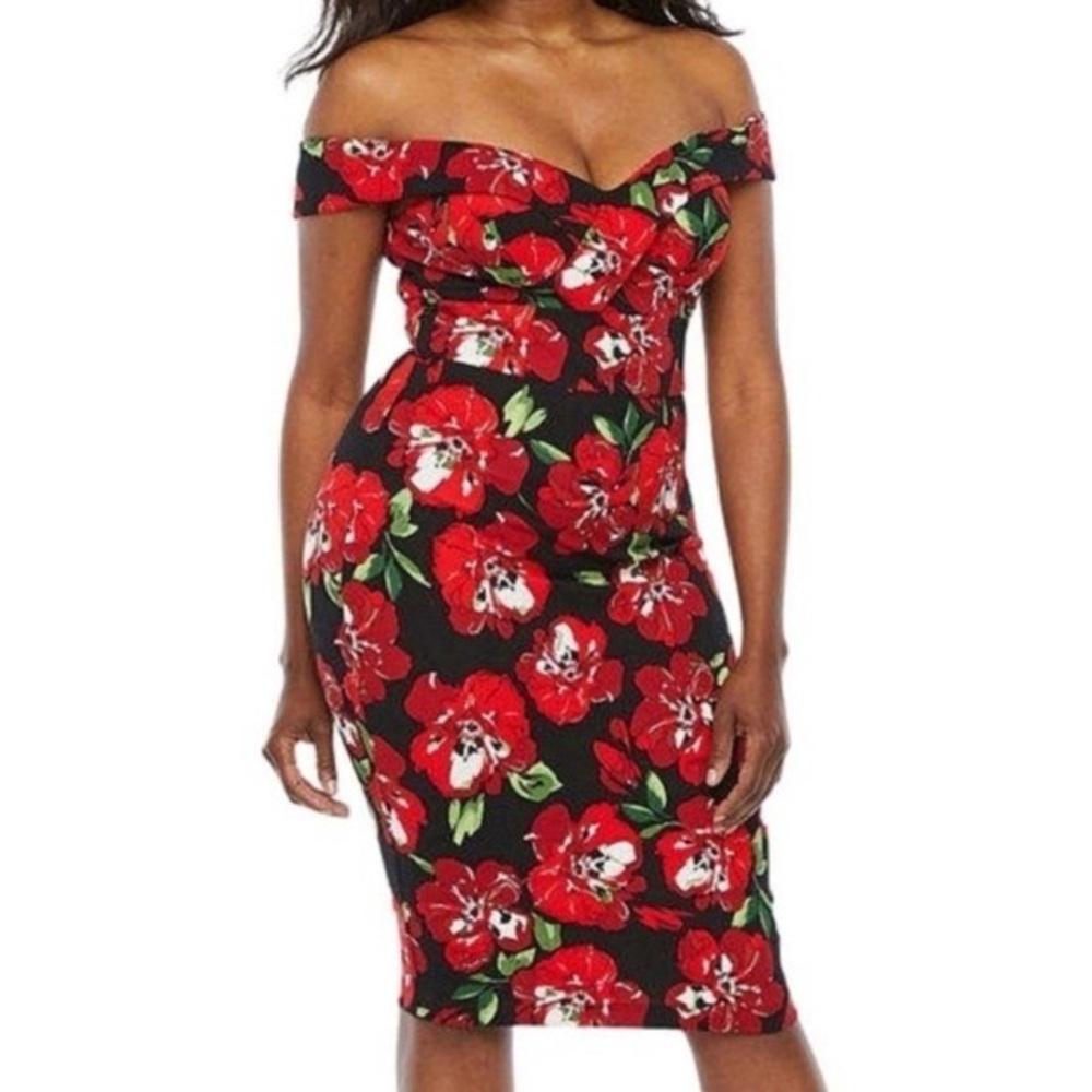 637 Premier Amour Black Red Floral Midi Dress Off Shoulder Size 6 Valentine’s
